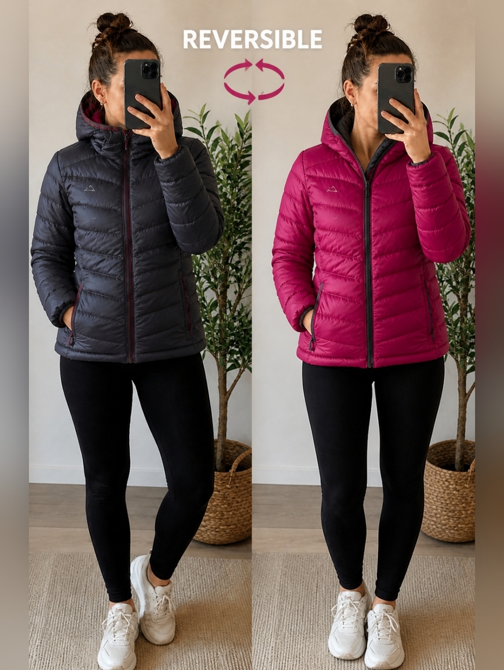 Paradox Reversible Down Jacket Women's M Pink Gray Hooded Puffer Lightweight